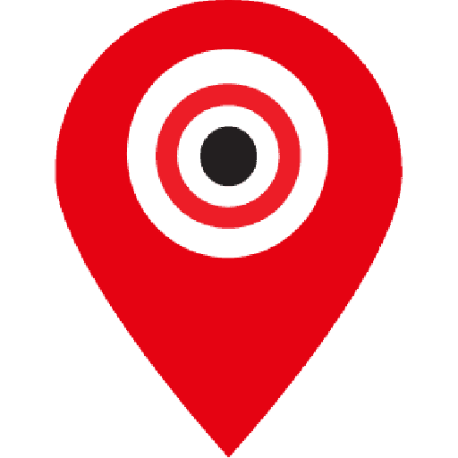 Rood locatiepictogram met zwart-wit concentric cirkelvormig doelwit in het midden.